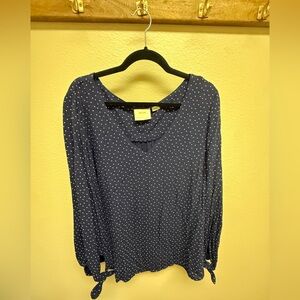 Maeve Navy V-Neck Long Sleeve Polka Dot Blouse